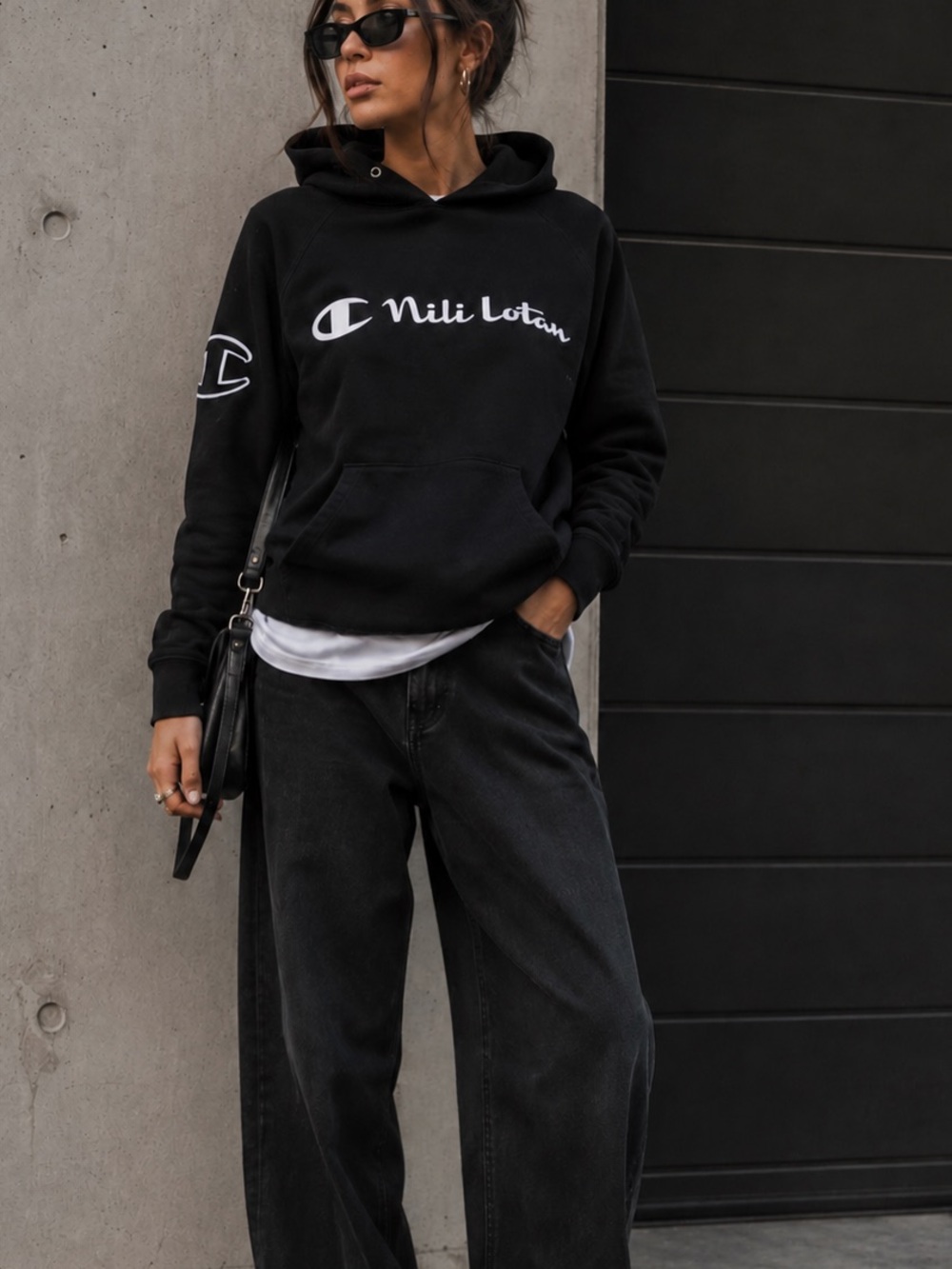 Nili Lotan x Champion Jet Black Logo Pullover Hoodie Sweatshirt MSRP: $325 xs